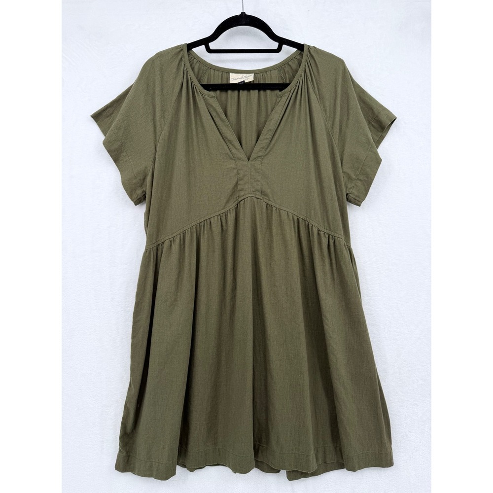 Universal Thread Olive Green Linen Blend Babydoll V-Neck Dress Pockets XL Boho